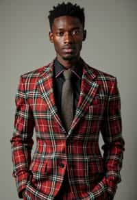 handsome and stylish man showcasing a dappersuit in a bold plaid pattern with a solid-colored shirt and a knitted tie