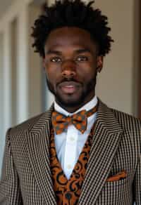 handsome and stylish man wearing a trendy tweed suit with a patterned bow tie and a contrasting vest