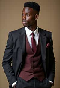 handsome and stylish man trying on a sophisticated pinstripe suit with a waistcoat and a burgundy tie