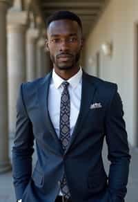 handsome and stylish man wearing a classic navy blue suit with a crisp white dress shirt and a patterned tie