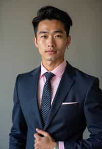 handsome and stylish man wearing a classic navy herringbone suit with a light pink dress shirt and a polka dot tie