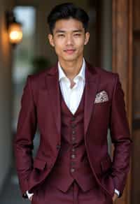 handsome and stylish man trying on a stylish three-piece suit in a rich burgundy color with a crisp white shirt and a paisley patterned pocket square