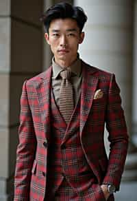 handsome and stylish man showcasing a dappersuit in a bold plaid pattern with a solid-colored shirt and a knitted tie