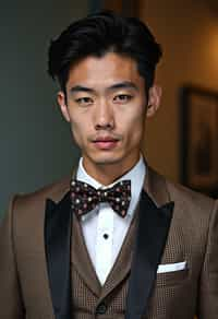 handsome and stylish man wearing a trendy tweed suit with a patterned bow tie and a contrasting vest