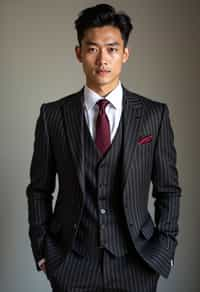 handsome and stylish man trying on a sophisticated pinstripe suit with a waistcoat and a burgundy tie