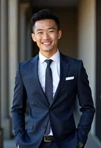 handsome and stylish man wearing a classic navy blue suit with a crisp white dress shirt and a patterned tie