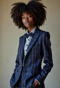 woman showcasing a unique windowpane check suit in a navy blue color with a patterned shirt and a contrasting bow tie