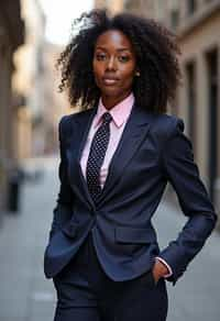 woman wearing a classic navy herringbone suit with a light pink dress shirt and a polka dot tie