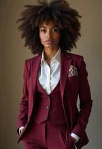 woman trying on a stylish three-piece suit in a rich burgundy color with a crisp white shirt and a paisley patterned pocket square