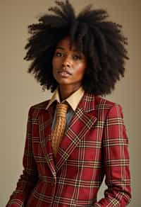 woman showcasing a dappersuit in a bold plaid pattern with a solid-colored shirt and a knitted tie