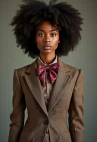 woman wearing a trendy tweed suit with a patterned bow tie and a contrasting vest