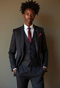 woman trying on a sophisticated pinstripe suit with a waistcoat and a burgundy tie