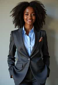 woman showcasing a modern slim-fit charcoal with a light blue dress shirt and a contrasting pocket square