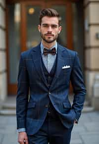 handsome and stylish man showcasing a unique windowpane check suit in a navy blue color with a patterned shirt and a contrasting bow tie