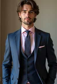 handsome and stylish man wearing a classic navy herringbone suit with a light pink dress shirt and a polka dot tie