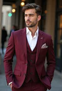 handsome and stylish man trying on a stylish three-piece suit in a rich burgundy color with a crisp white shirt and a paisley patterned pocket square