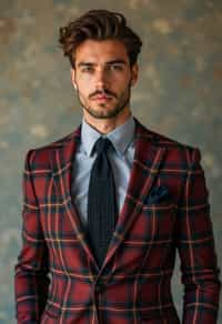 handsome and stylish man showcasing a dappersuit in a bold plaid pattern with a solid-colored shirt and a knitted tie