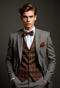 handsome and stylish man wearing a trendy tweed suit with a patterned bow tie and a contrasting vest