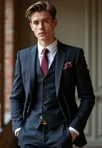 handsome and stylish man trying on a sophisticated pinstripe suit with a waistcoat and a burgundy tie