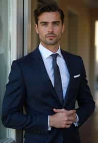 handsome and stylish man wearing a classic navy blue suit with a crisp white dress shirt and a patterned tie