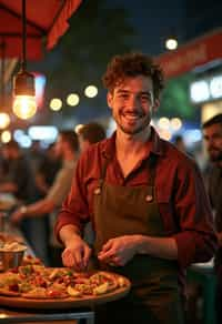 man at a pop-up food market at night, combining the love for street food with nightlife