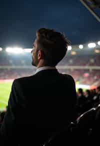 man wearing   black suit in a VIP box at a sporting event at night, capturing the thrill of live sports with nightlife