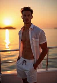 man wearing  shirt and swim shorts at an exclusive yacht party sunset, capturing the essence of luxury and opulence