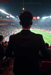 man wearing   black suit in a VIP box at a sporting event at night, capturing the thrill of live sports with nightlife