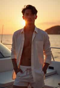 man wearing  shirt and swim shorts at an exclusive yacht party sunset, capturing the essence of luxury and opulence