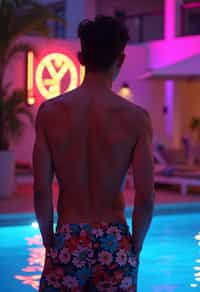 man , fit body in floral silk  swim shorts and shirtless at pool party with neon lights