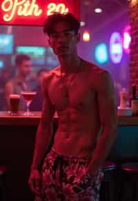 man , fit body in floral silk  swim shorts and shirtless at cocktail bar with neon lights