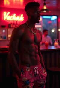 man , fit body in floral silk  swim shorts and shirtless at cocktail bar with neon lights