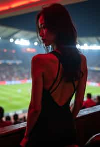 woman wearing black cut out dress   in a VIP box at a sporting event at night, capturing the thrill of live sports with nightlife