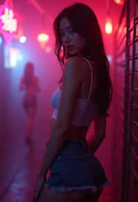 woman wearing mini skirt  in night club with neon lights