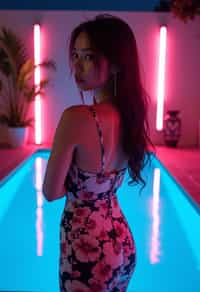 woman with hourglass figure,  in floral silk bodycon dress  at pool party with neon lights