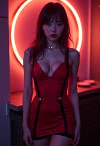 woman wearing (red bodycon dress) with (black suspenders garters)  in night club neon lights