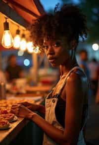 woman at a pop-up food market at night, combining the love for street food with nightlife