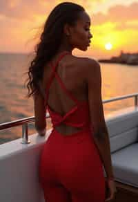 woman wearing skimpy cut out dress  at an exclusive yacht party sunset, capturing the essence of luxury and opulence