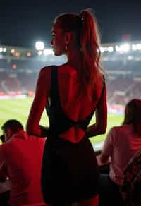 woman wearing black cut out dress   in a VIP box at a sporting event at night, capturing the thrill of live sports with nightlife