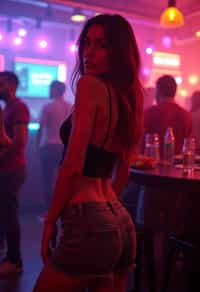 woman wearing mini skirt  in night club with neon lights