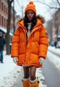 woman wearing gorpcore aesthetic, functional outdoor clothing, bright colored puffer jacket, moonboots, beanie, white wool socks, outerwear, posing for photo in the street