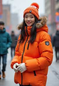 woman wearing gorpcore aesthetic, functional outdoor clothing, bright colored puffer jacket, moonboots, beanie, white wool socks, outerwear, posing for photo in the street