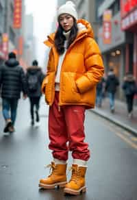 woman wearing gorpcore aesthetic, functional outdoor clothing, bright colored puffer jacket, moonboots, beanie, white wool socks, outerwear, posing for photo in the street