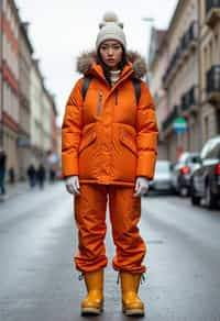 woman wearing gorpcore aesthetic, functional outdoor clothing, bright colored puffer jacket, moonboots, beanie, white wool socks, outerwear, posing for photo in the street