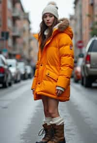 woman wearing gorpcore aesthetic, functional outdoor clothing, bright colored puffer jacket, moonboots, beanie, white wool socks, outerwear, posing for photo in the street