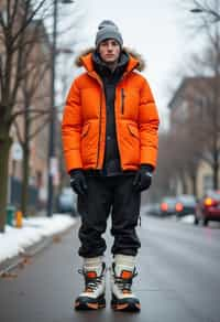 man wearing gorpcore aesthetic, functional outdoor clothing, bright colored puffer jacket, moonboots, beanie, white wool socks, outerwear, posing for photo in the street