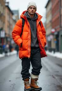 man wearing gorpcore aesthetic, functional outdoor clothing, bright colored puffer jacket, moonboots, beanie, white wool socks, outerwear, posing for photo in the street