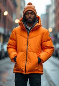 man wearing gorpcore aesthetic, functional outdoor clothing, bright colored puffer jacket, moonboots, beanie, white wool socks, outerwear, posing for photo in the street