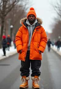 man wearing gorpcore aesthetic, functional outdoor clothing, bright colored puffer jacket, moonboots, beanie, white wool socks, outerwear, posing for photo in the street