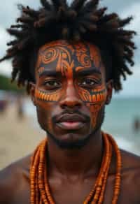 a man with  a tribal face paint design, adding an element of tribal and cultural inspiration to their festival look